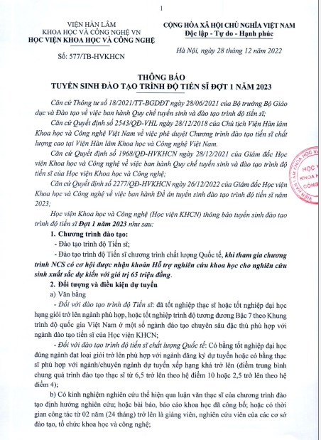 Học viện Khoa học và Công nghệ Thông báo tuyển sinh đào tạo trình độ tiến sĩ đợt 1 năm 2023